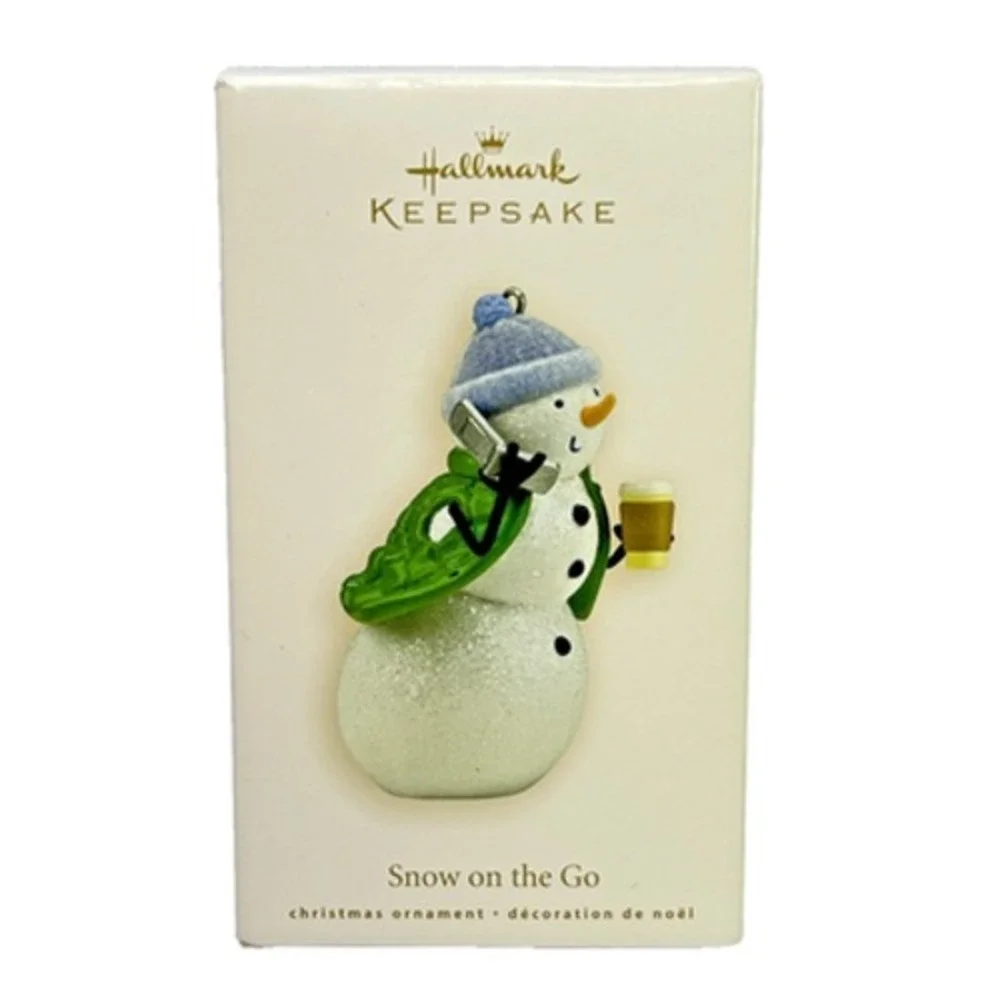Hallmark SNOW ON THE GO 2008 Keepsake Ornament Snowman with Coffee &‎ Phone Box